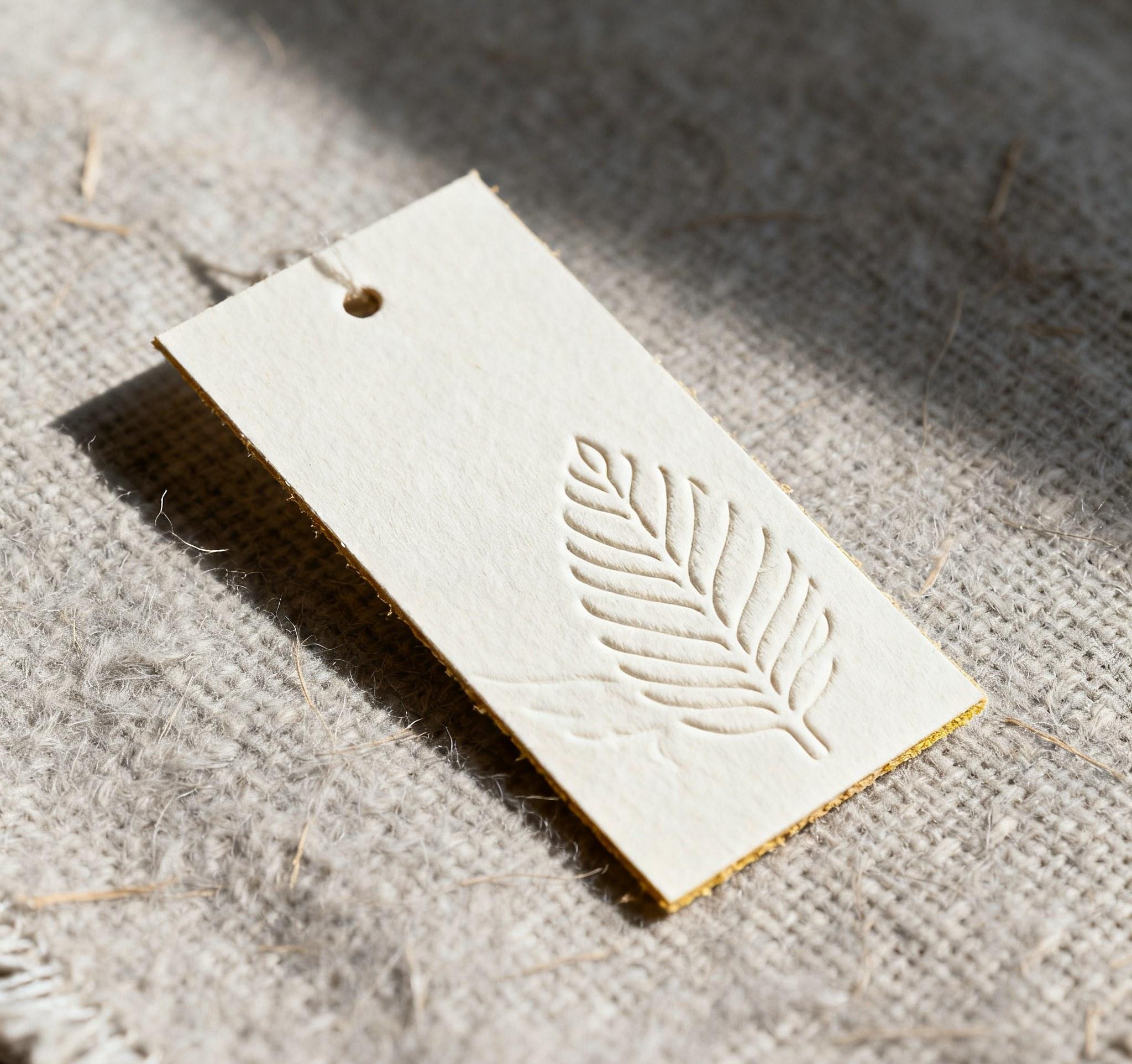 Eco-friendly paper garment labels with embossed design.